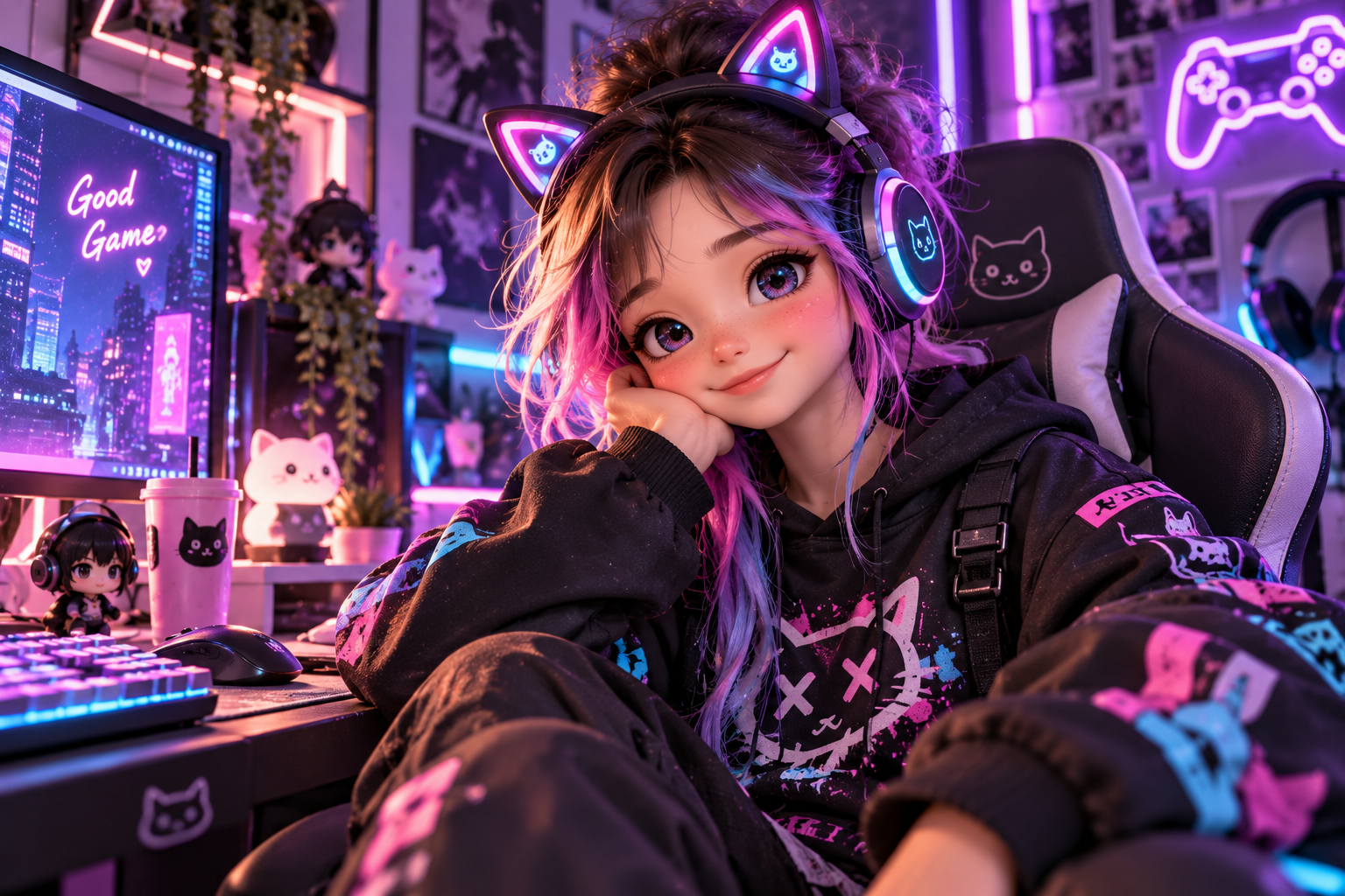 Prompt 4: 3D Gamer Chibi Avatar with Cat-Ear Glowing LED Headphones - AI Generated Photo Output