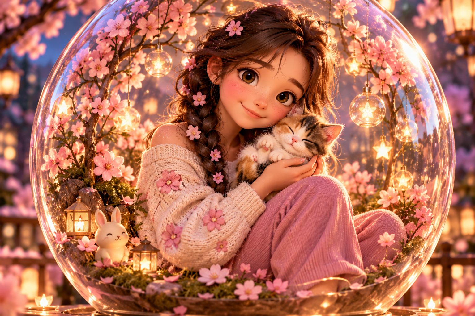 Prompt 2: Cute 3D Girl with Calico Kitten Inside a Glowing Glass Terrarium - AI Generated Photo Output