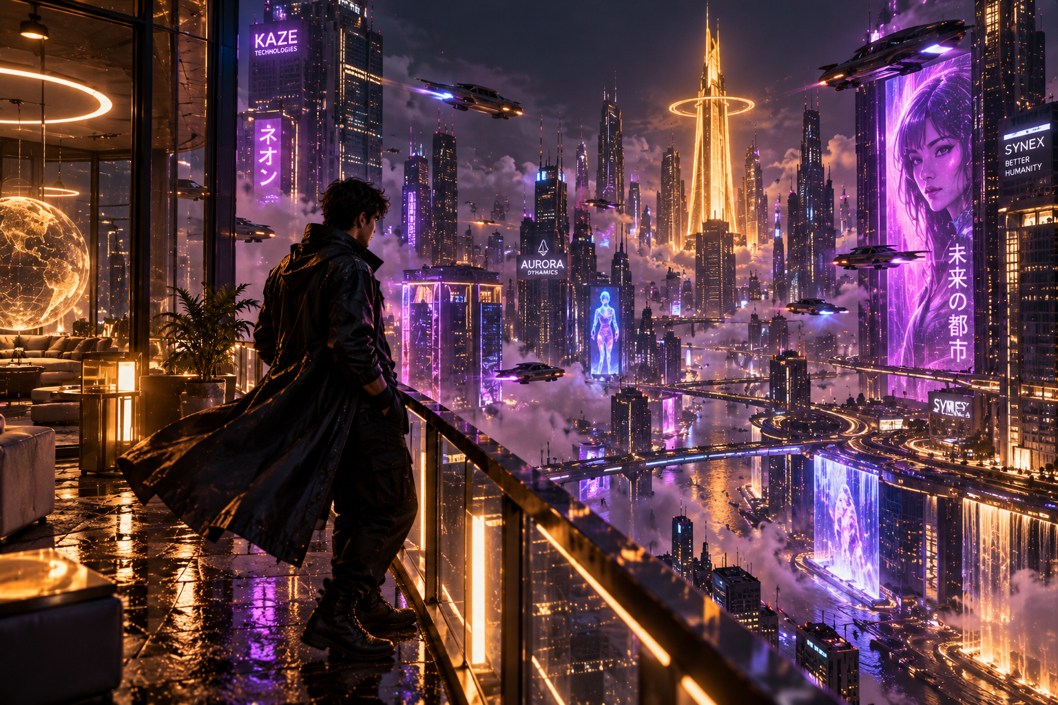 Prompt 3: Rooftop Skyline Overlook with Holographic Drone & Cyber Skyline - AI Generated Photo Output