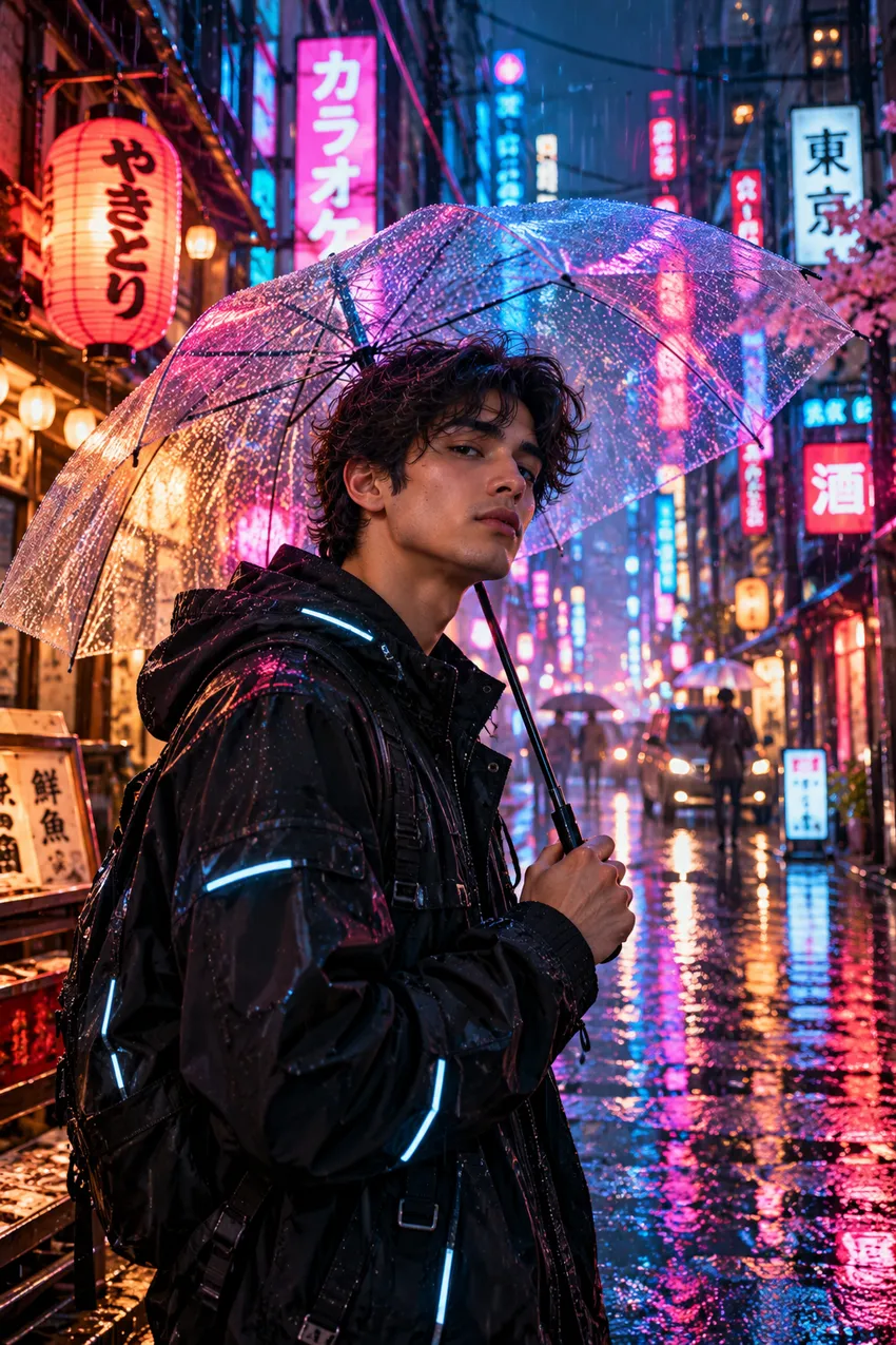 Sample AI output for Cyberpunk Neon City AI Photo Prompts: 4 Rainy Night Scenes and the Lighting Behind Them