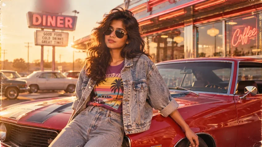 Sample AI output for 1980s Retro AI Photo Prompts: 4 Film-Era Scenes, from Neon Streets to a Saree Studio Portrait
