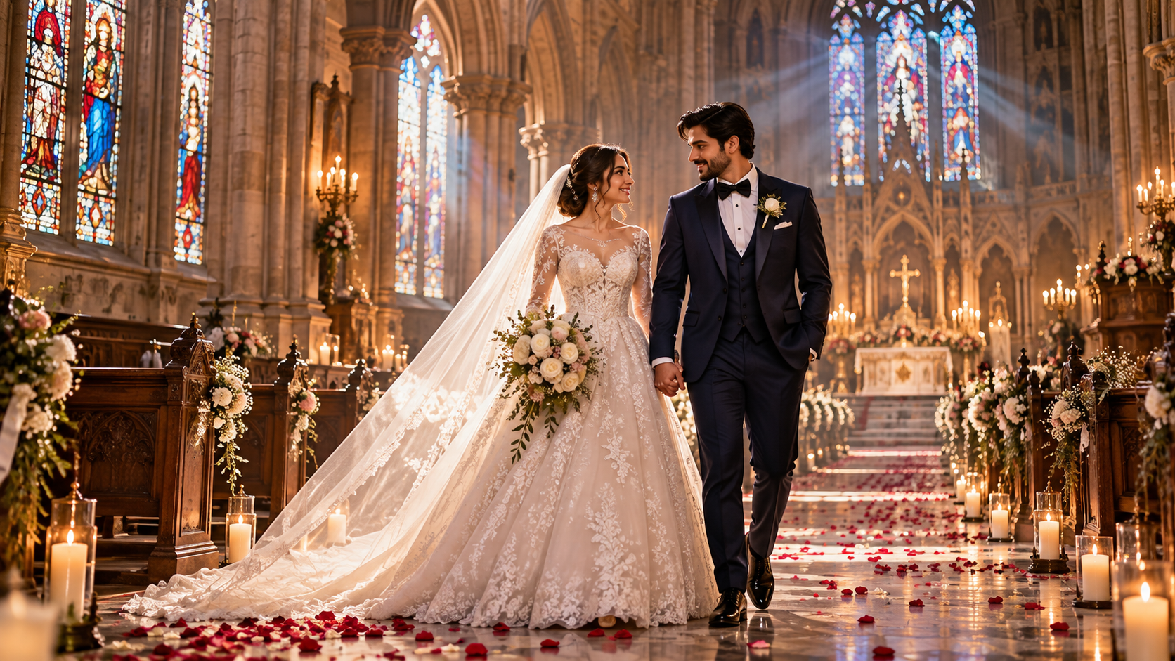 Prompt 2: Cathedral Church Wedding Walking Down the Aisle - AI Generated Photo Output