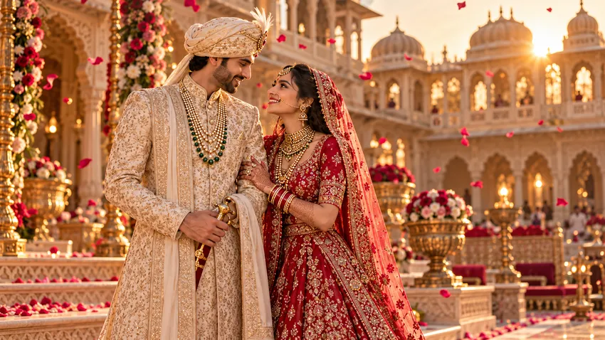 Sample AI output for Cinematic Wedding Couple AI Prompts: Rajasthani, Church, Nikah and Beach Styles