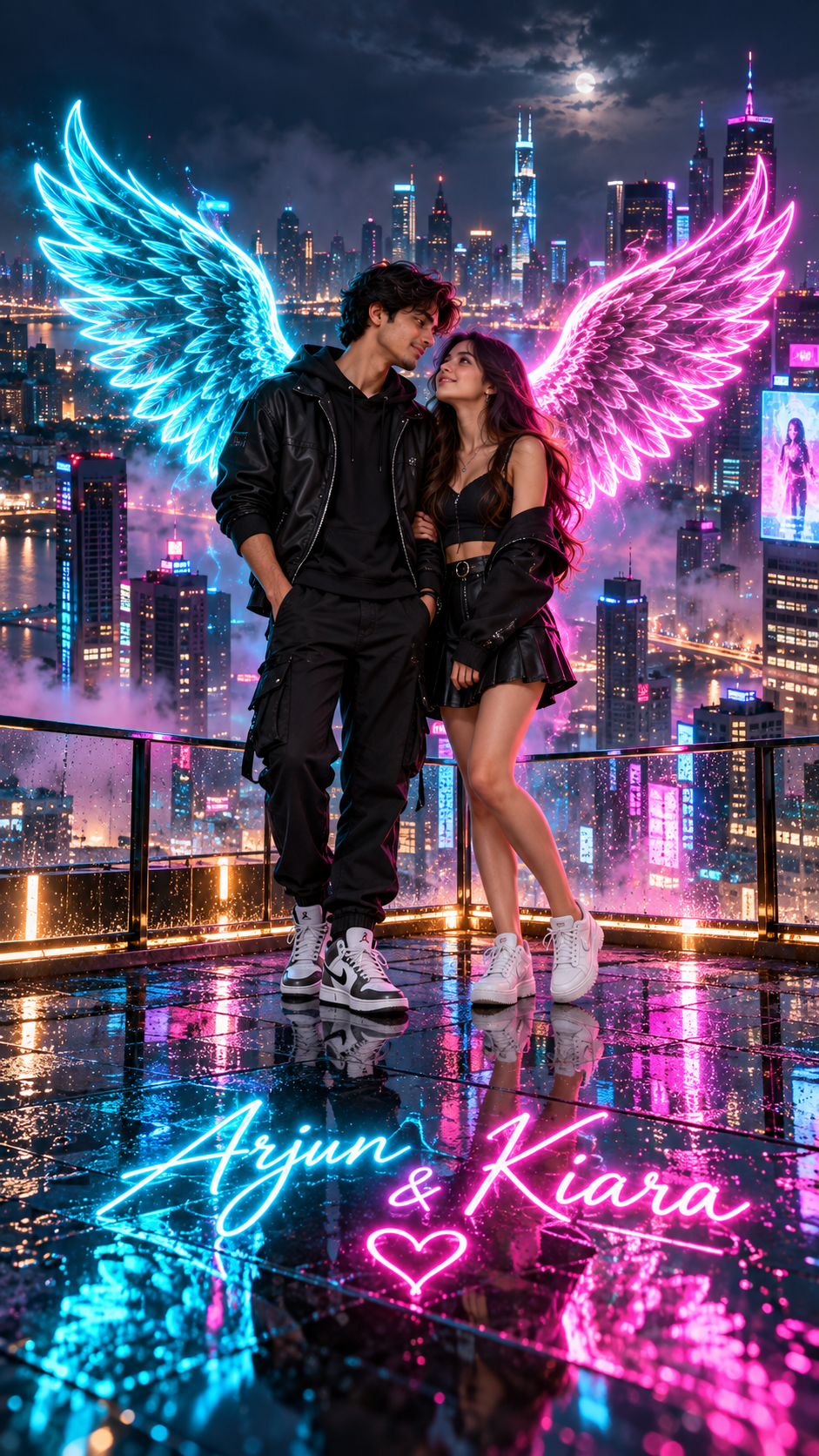 Prompt 3: Cyberpunk Neon Wings on High-Rise Rooftop - AI Generated Photo Output