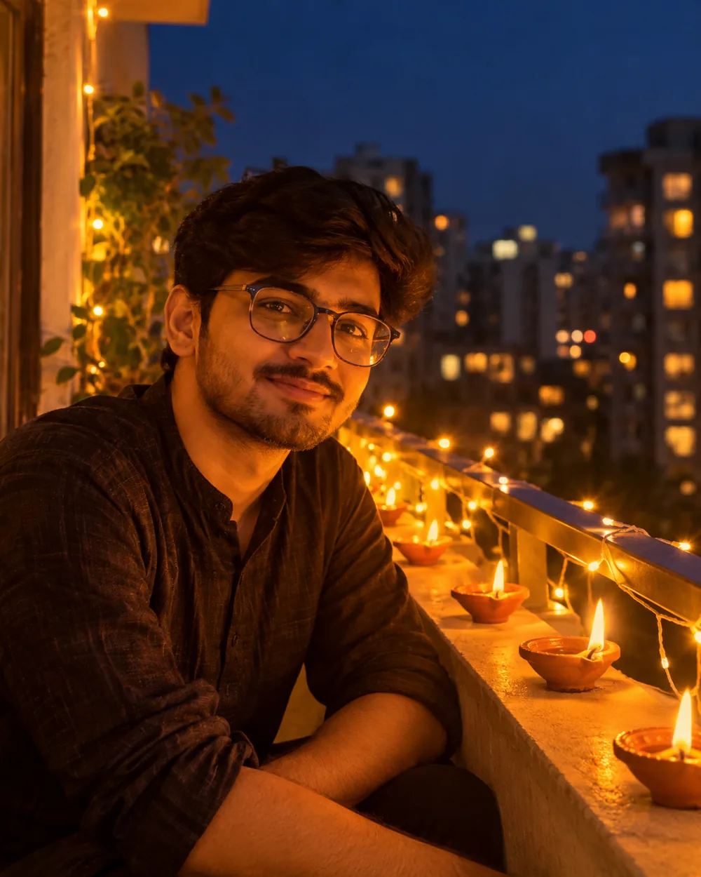 AI-generated sample for: Prompt 1: Solo Portrait on a Diya-Lit Balcony