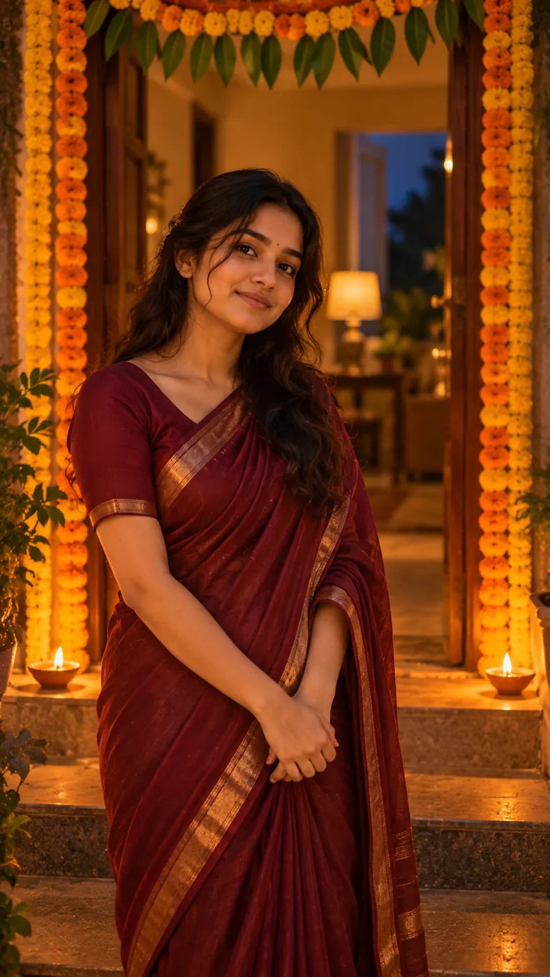 AI-generated sample for: Prompt 2: Outfit Change to a Silk Saree at a Marigold Doorway