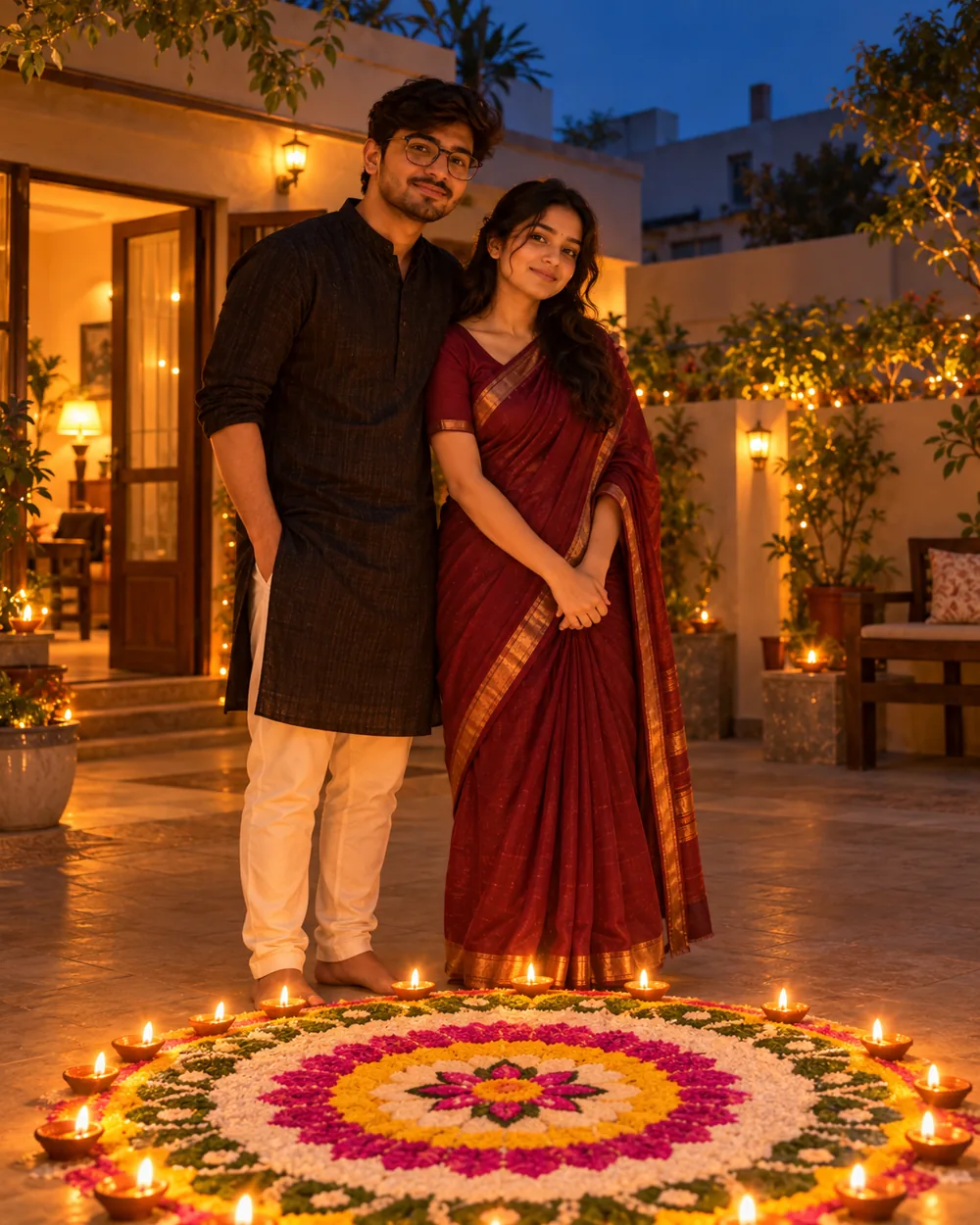 AI-generated sample for: Prompt 3: Couple Behind a Rangoli in a Home Courtyard