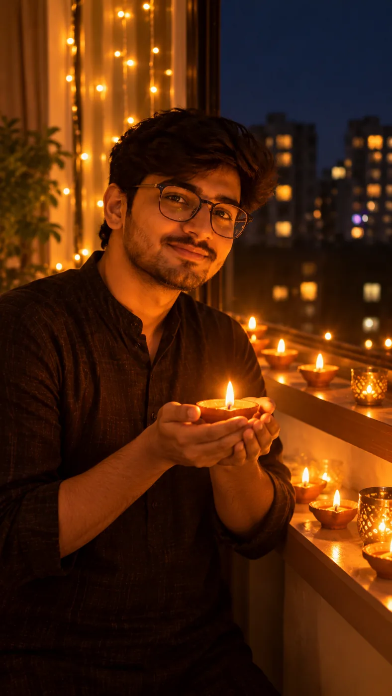 AI-generated sample for: Prompt 6: Calm Celebration Without Fireworks, Holding a Diya